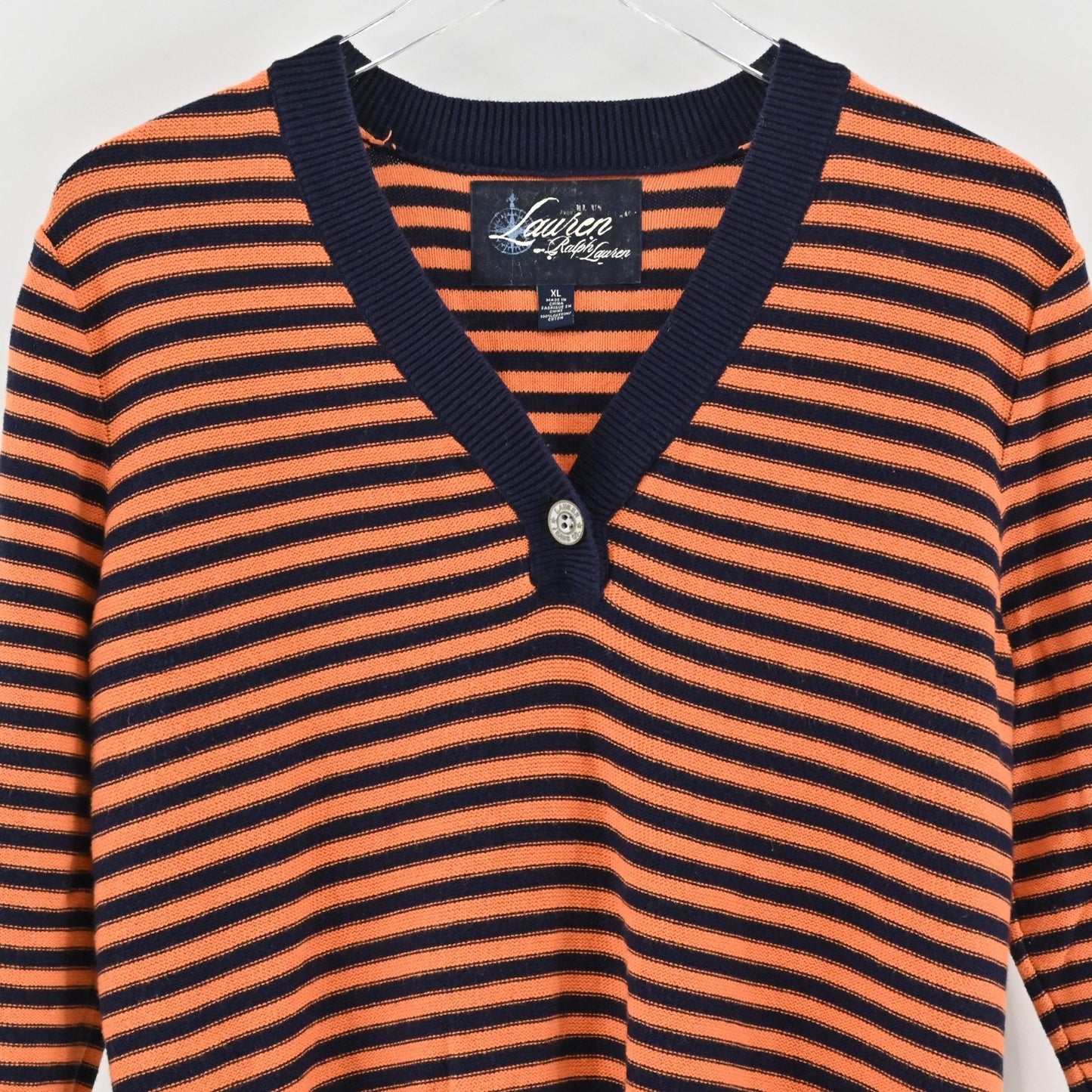 Ralph Lauren Womens Striped Knit Sweater Size XL Orange Blue Rugby Preppy VNeck