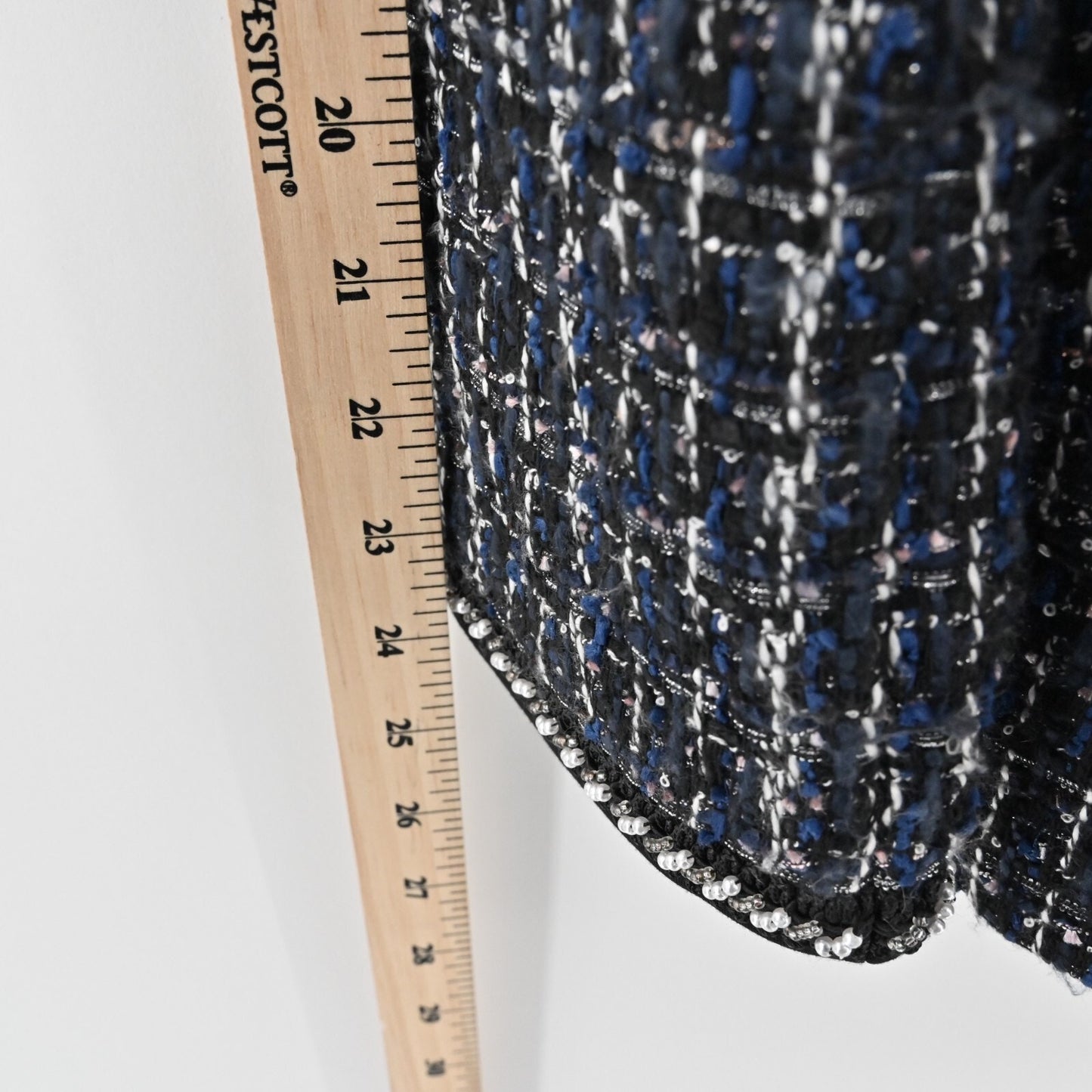 WHBM Blazer Womens Size S Tweed Navy Black Beaded Pearl Jacket Retro Glam Office