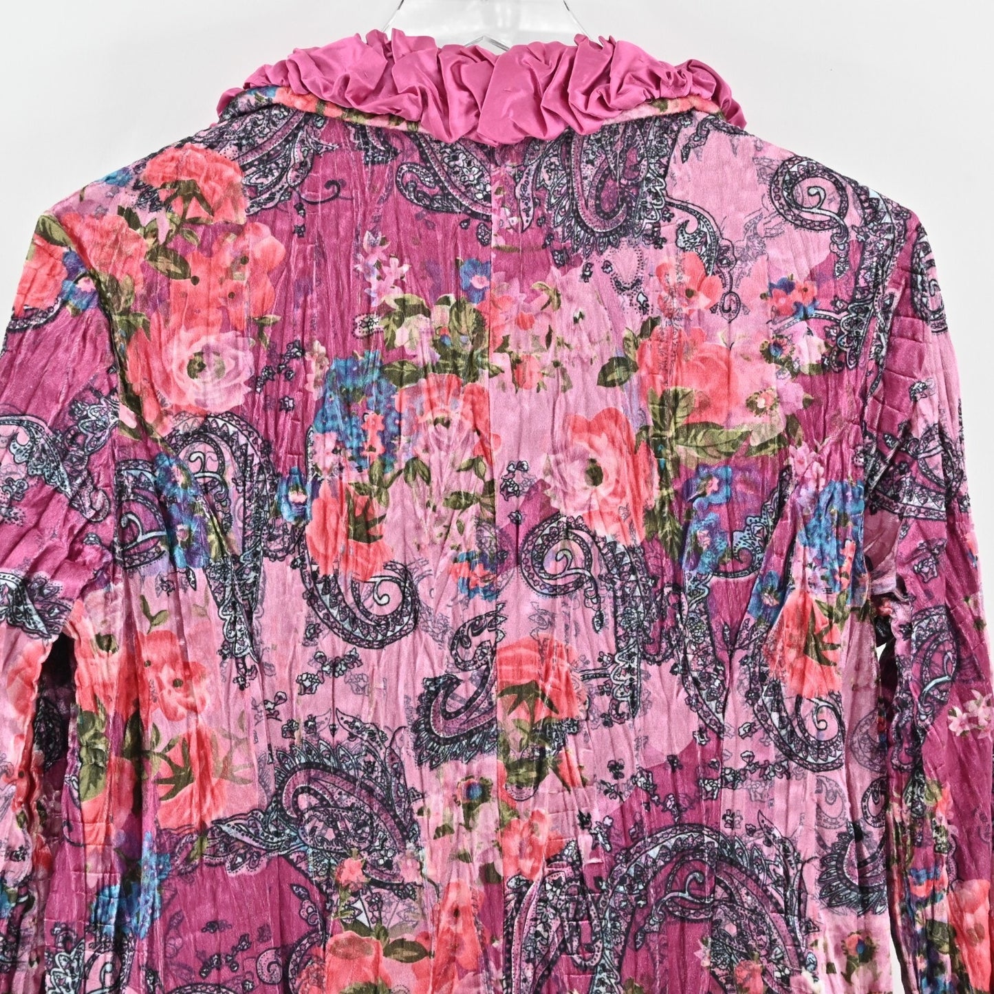 Vtg FANTAZIA Womens Velvet Jacket Size M Pink Floral Paisley Crinkle Ruffle Y2k