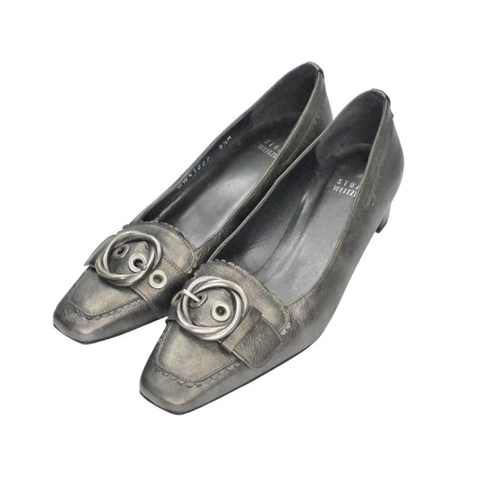 Vtg STUART WEITZMAN Pumps Womens Sz 5.5 Gray Metallic Leather Buckle Square Toe