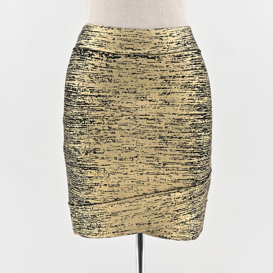 BCBG MAXAZRIA Skirt Size M Silvie Bandage Metallic Foil Print Gold Black Combo