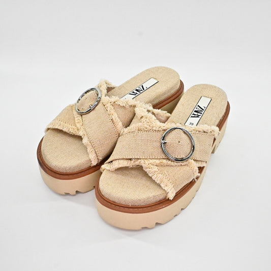 ZARA Womens Platform Sandals Size 39 Beige Woven Fringe Criss Cross Coconut Girl