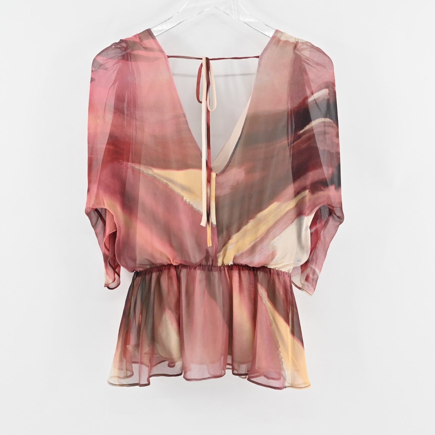 ALICE OLIVIA Womens Silk Peplum TopSize S Fairy Whimsical Pink Brown Blouse