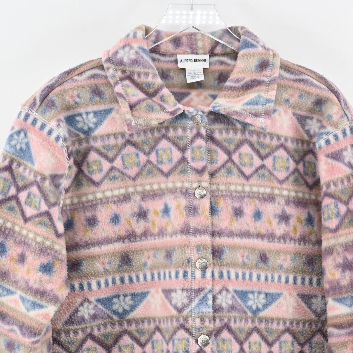 Vtg ALFRED DUNNER Jacket Womens Size L Pink Fair Isle Fleece Button Shacket 90s