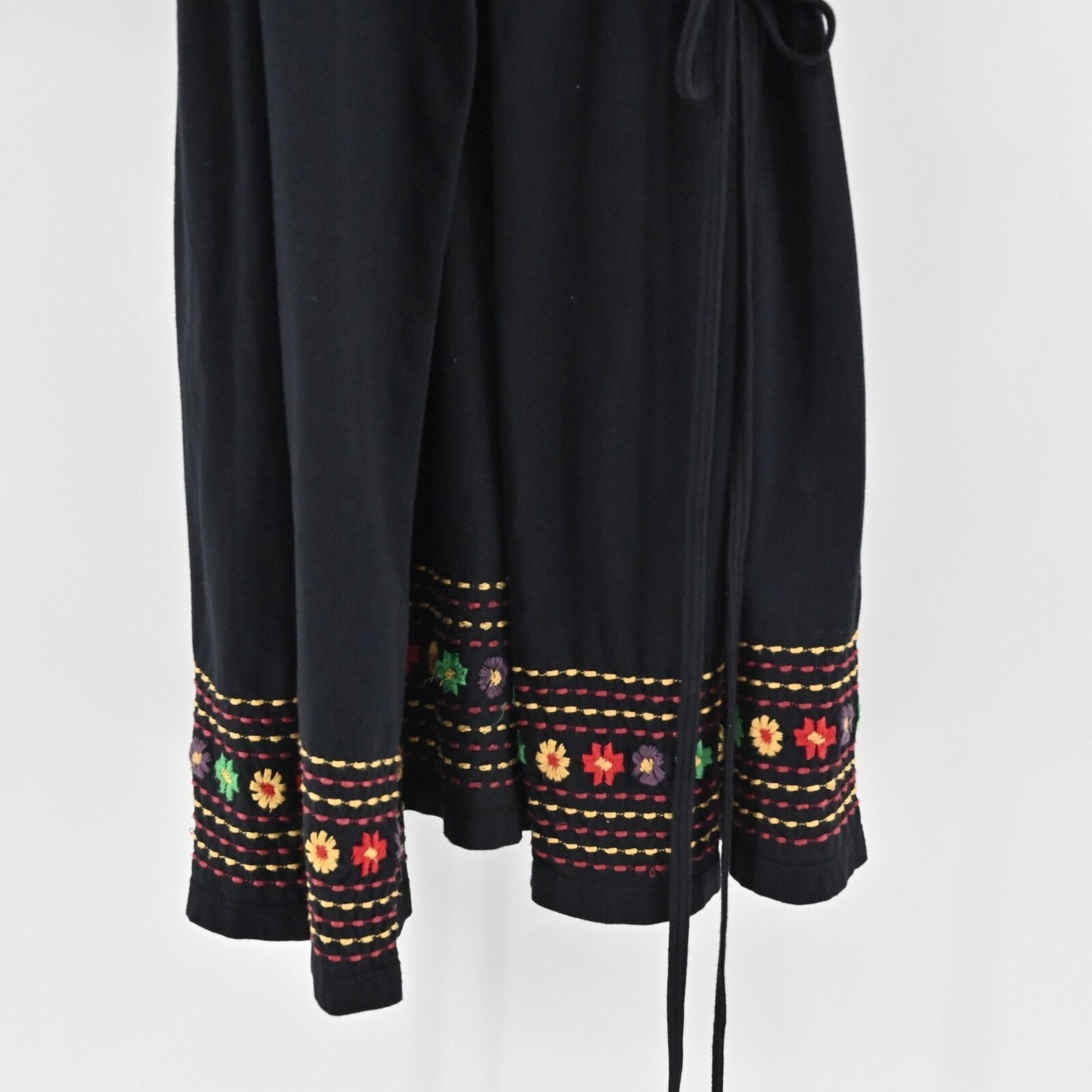 JOHNNY WAS Embroidered Wrap Dress Size S Black Floral Cotton V Neck 3/4 Sleeve