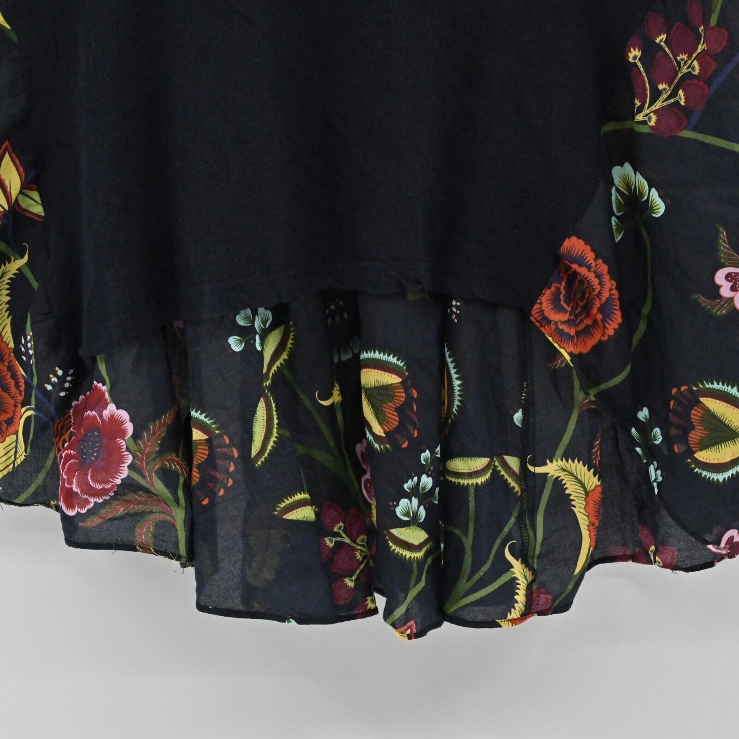 ANTHROPOLOGIE Top Womens Sz S Deletta Silver Fern Floral Navy High Low Peplum