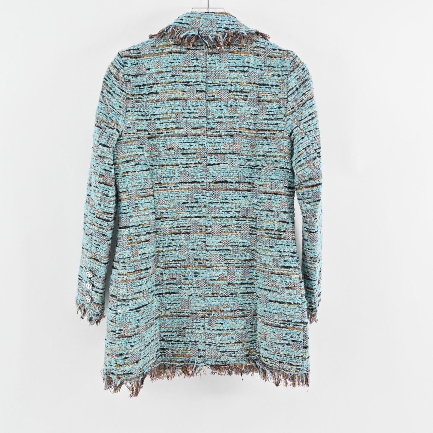 JEAN PIERRE KLIFA Womens Tweed Coat Size M Wool Blend Blue Brown Fringe Jacket