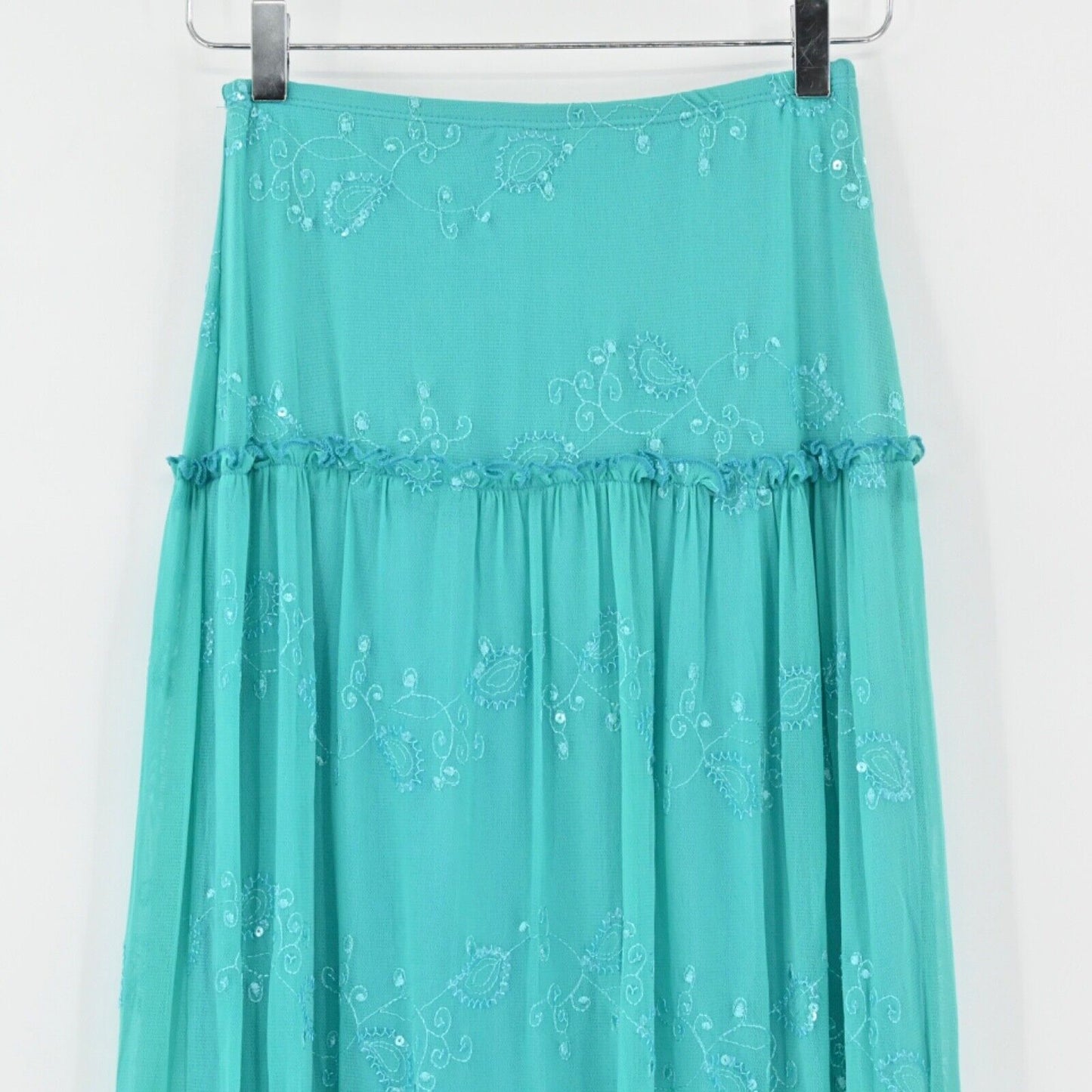 Vintage WHIZ Skirt Womens Sz S Teal Paisley Tiered Ruffle Embroidered Sequin Y2K