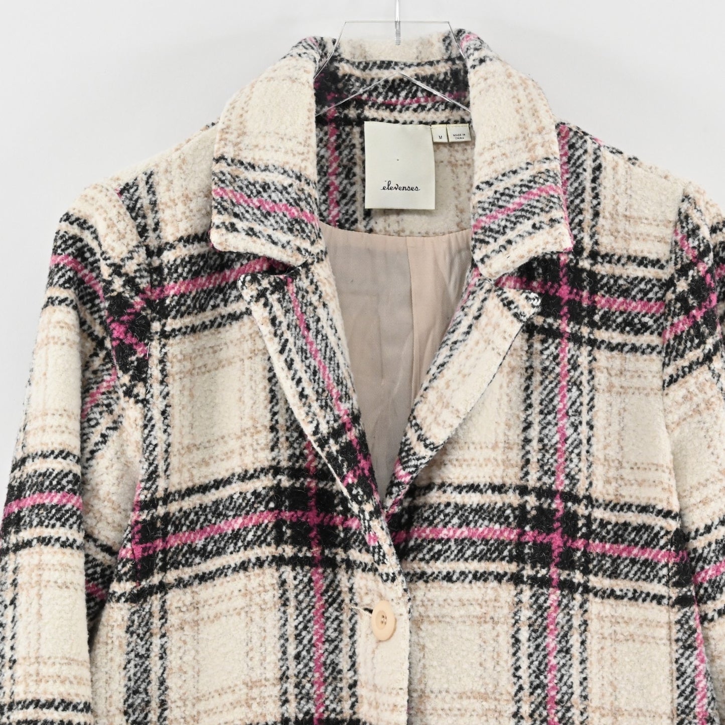 Anthropologie Womens Plaid Jacket Size M Wool Blend Pink Beige Coat Elevenses