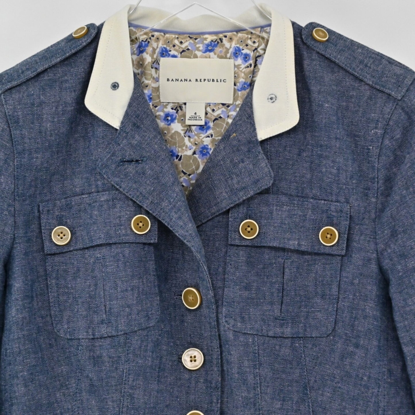 BANANA REPUBLIC Womens Military Jacket Size 4 Blue Preppy Linen Utility Button