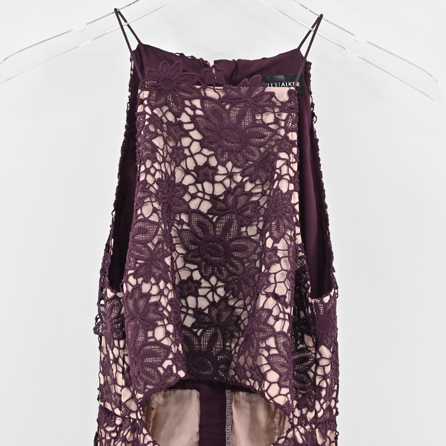 STYLESTALKER Revolve Dress Sz S Plum Rosale Floral Lace Sleeveless Cutout Hi Low