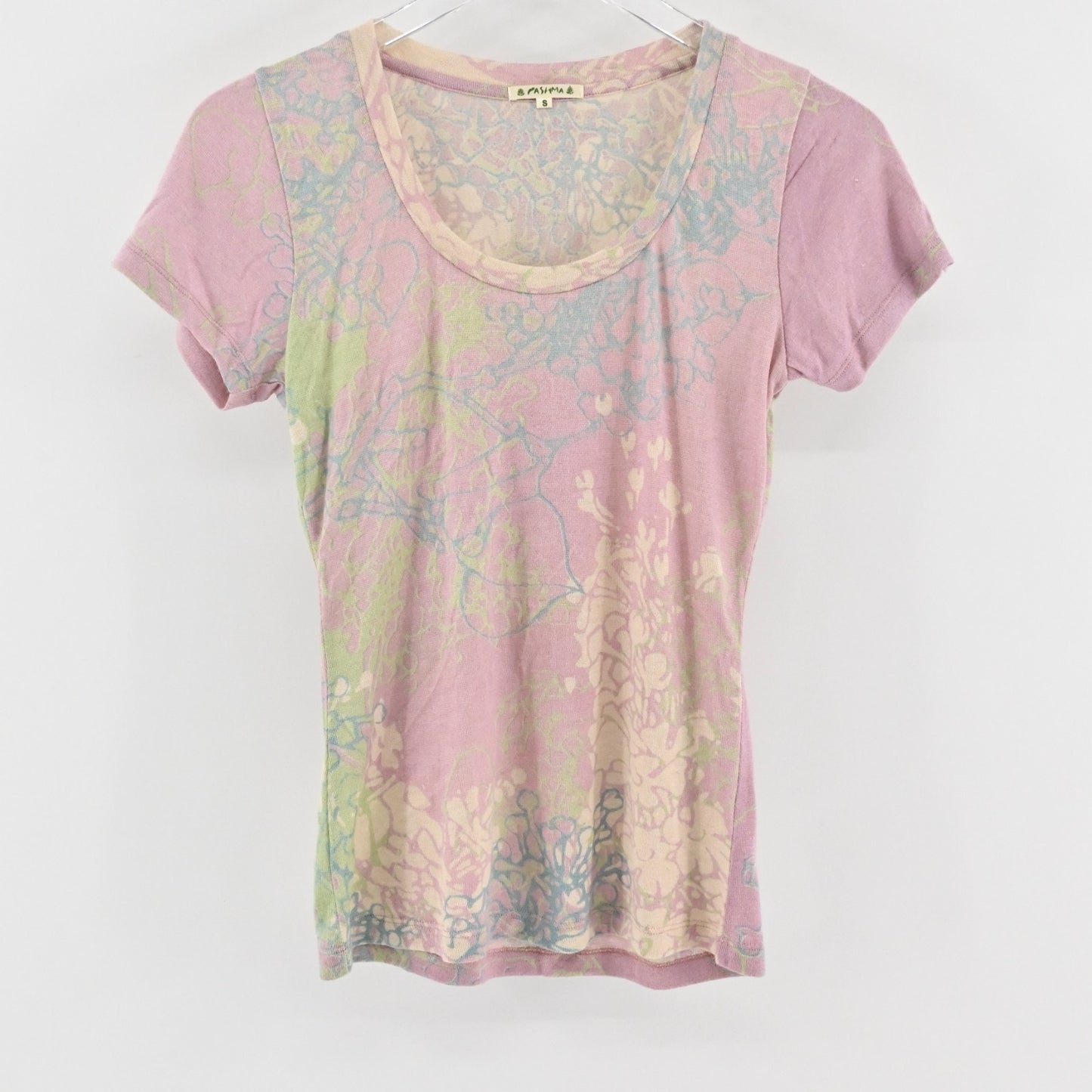Pashma Womens Silk Cashmere Top Size S Pink Floral Scoop Neck Tee Y2k Boho India