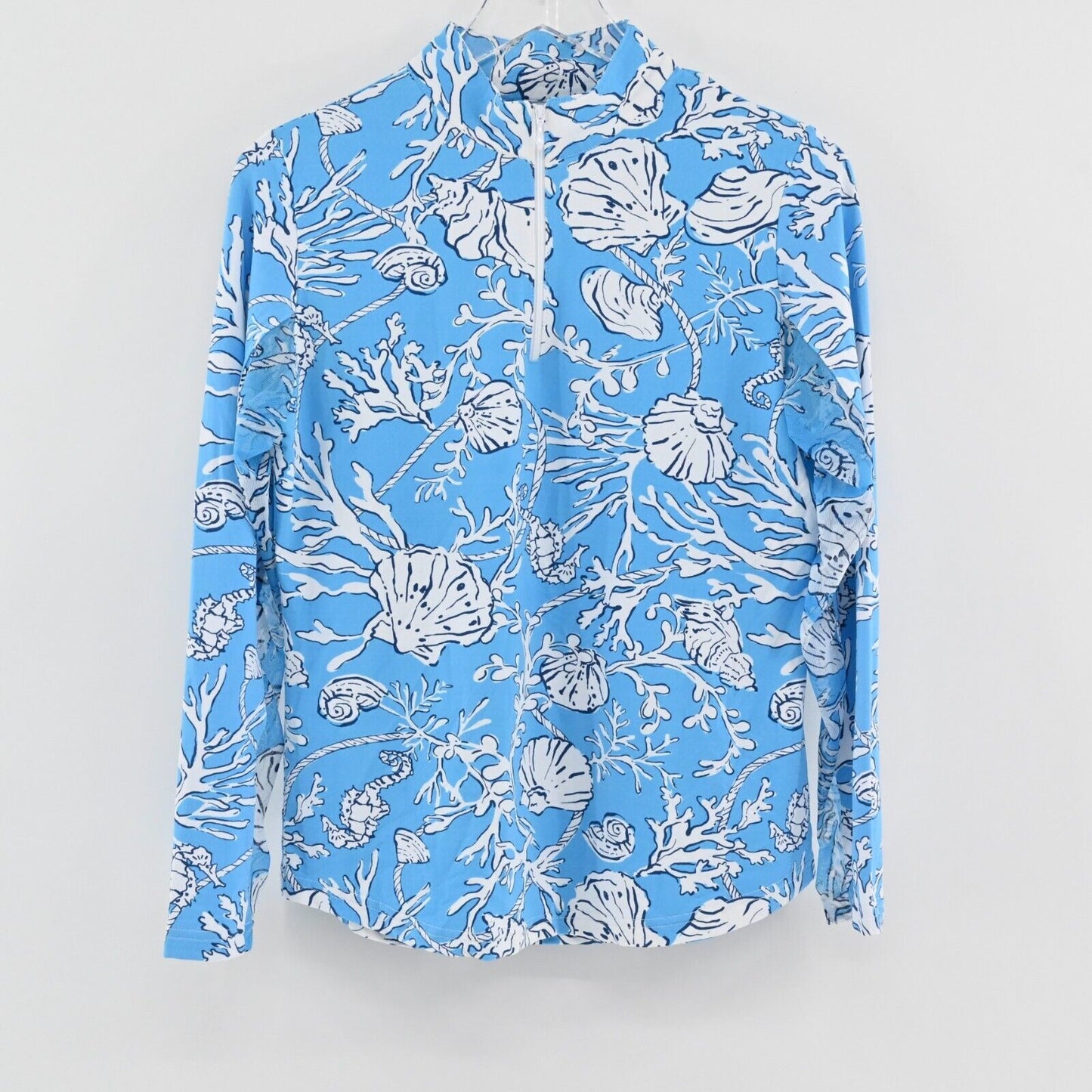 ICIKULS Top Womens Size M Blue Tropical Seashell Print Quarter Zip Long Sleeve