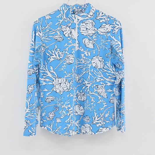 ICIKULS Top Womens Size M Blue Tropical Seashell Print Quarter Zip Long Sleeve