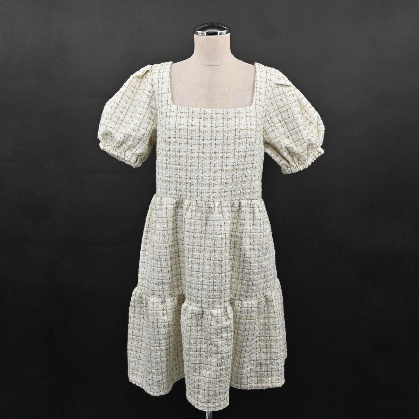 Simply Southern Tweed Puff Sleeve Dress Size M Square Neck Tiered Ivory Gold NEW