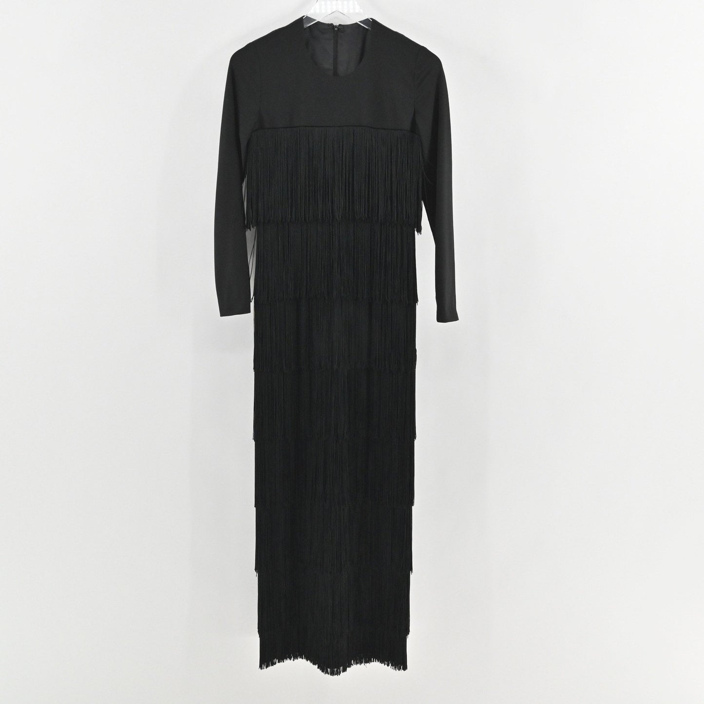 Black Whimsigoth Maxi Dress Size M Flapper Fringe Tiered Overlay Boho Retro Vamp