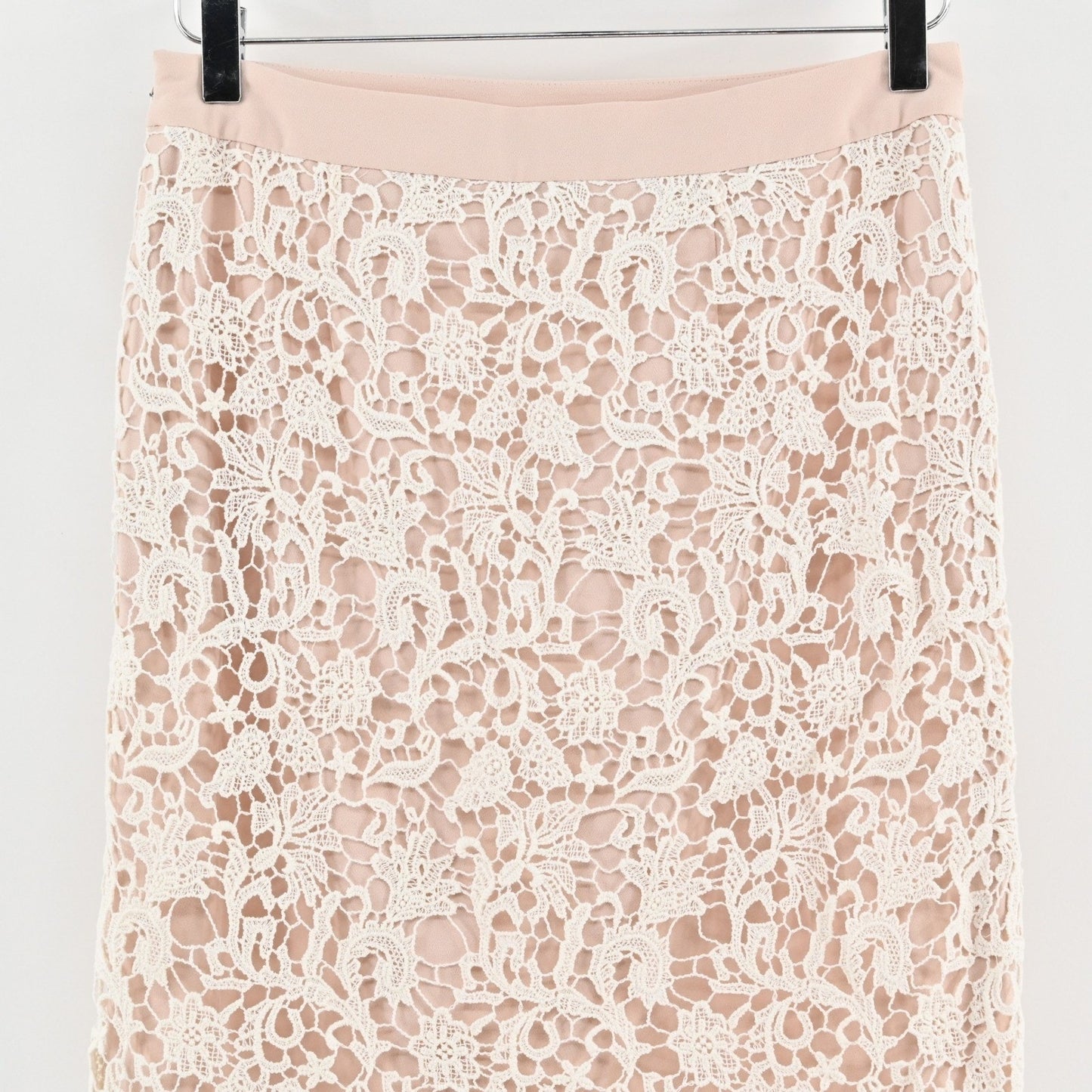FRENCH CONNECTION Crochet Pencil Skirt Sz 4 Blush Pink Lace Overlay Office Siren