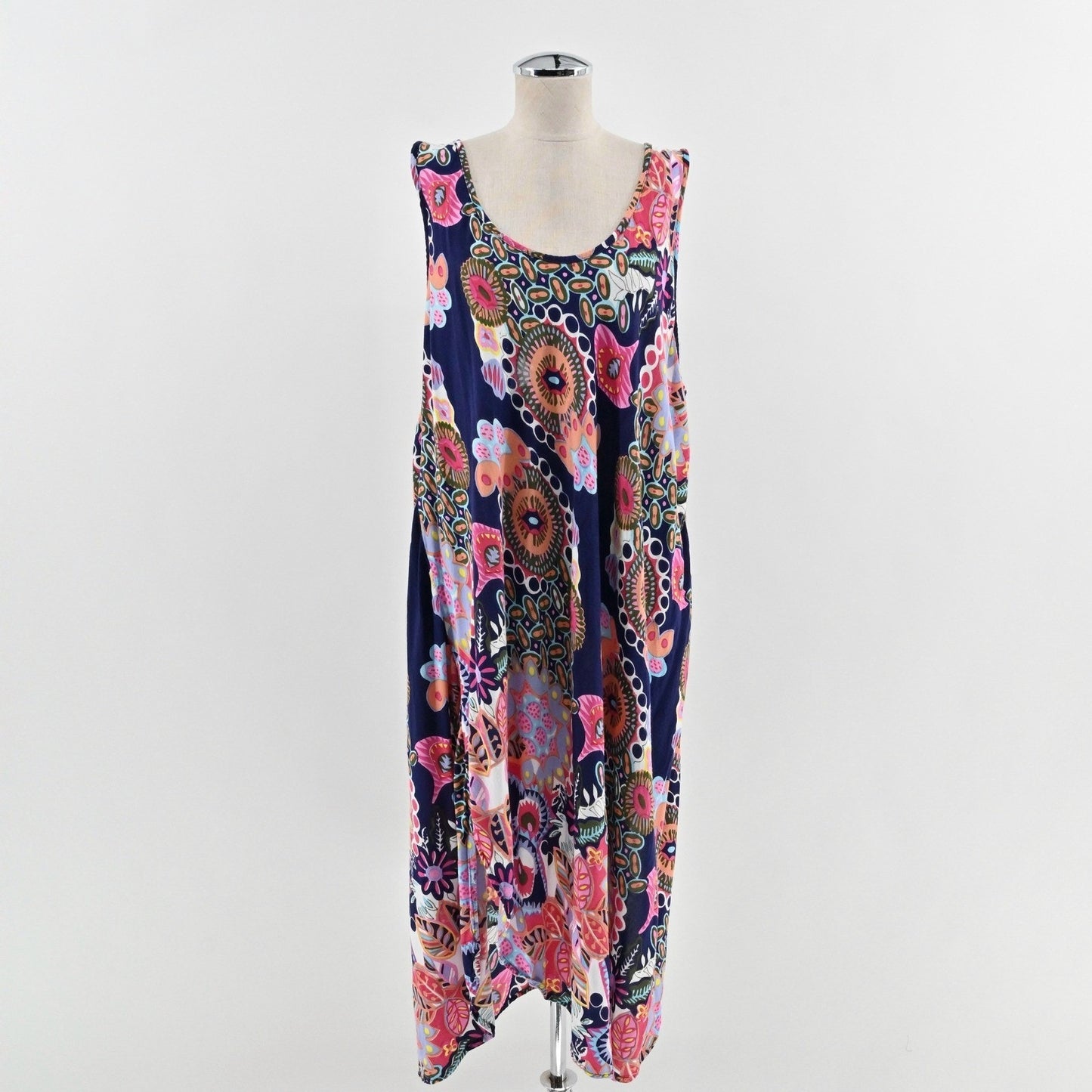 Vtg 90s Floral Midi Dress Size 1X Wanderlust Vibrant Sleeveless Bloomcore Boho