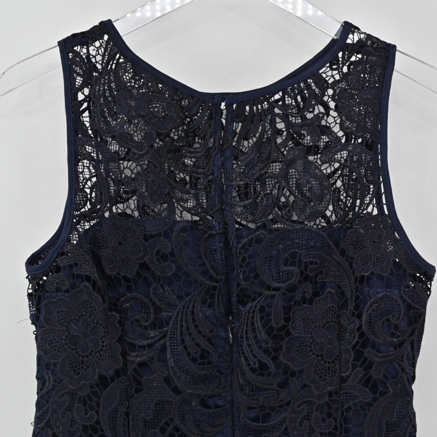ADRIANNA PAPELL Dress Womens Sz 8 Black Blue Sheer Floral Lace Sleeveless Sheath