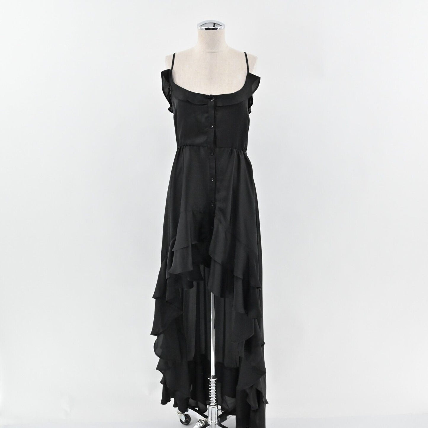 SUKI SO Dress Size S Solid Black Sleeveless Ruffle High Low Button Front Maxi