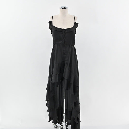 SUKI SO Dress Size S Solid Black Sleeveless Ruffle High Low Button Front Maxi