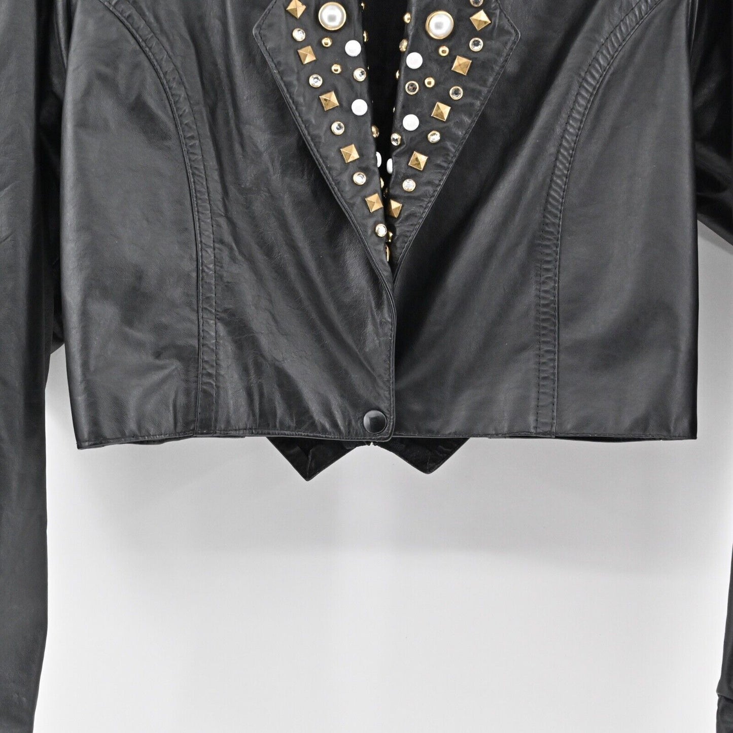 VINTAGE Leather Jacket Womens Sz M Black Studded Crop Moto Grunge Retro USA 80s