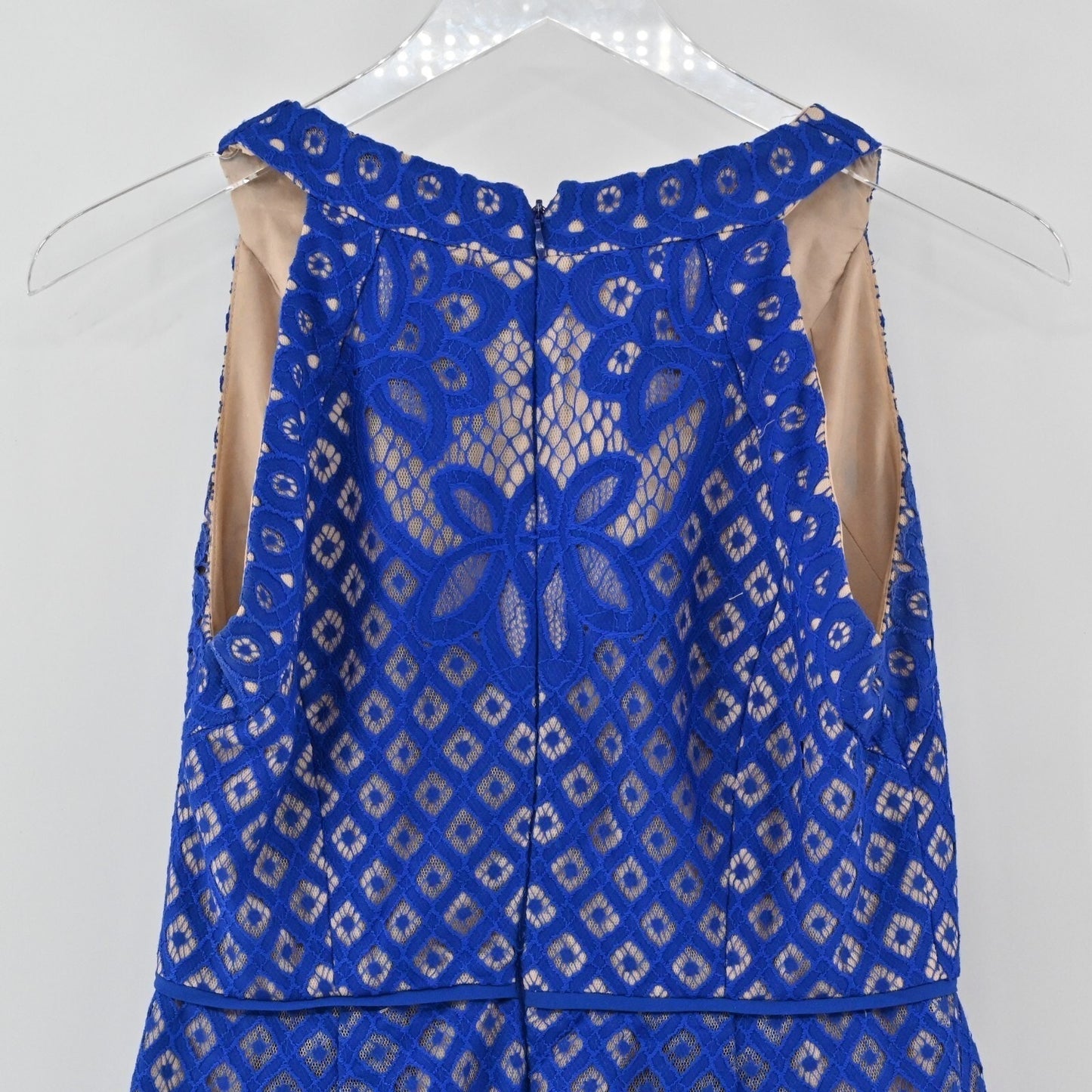 ADRIANNA PAPELL Blue Lace Dress Size 4 Floral Fit Flare Feminine Romantic Modern