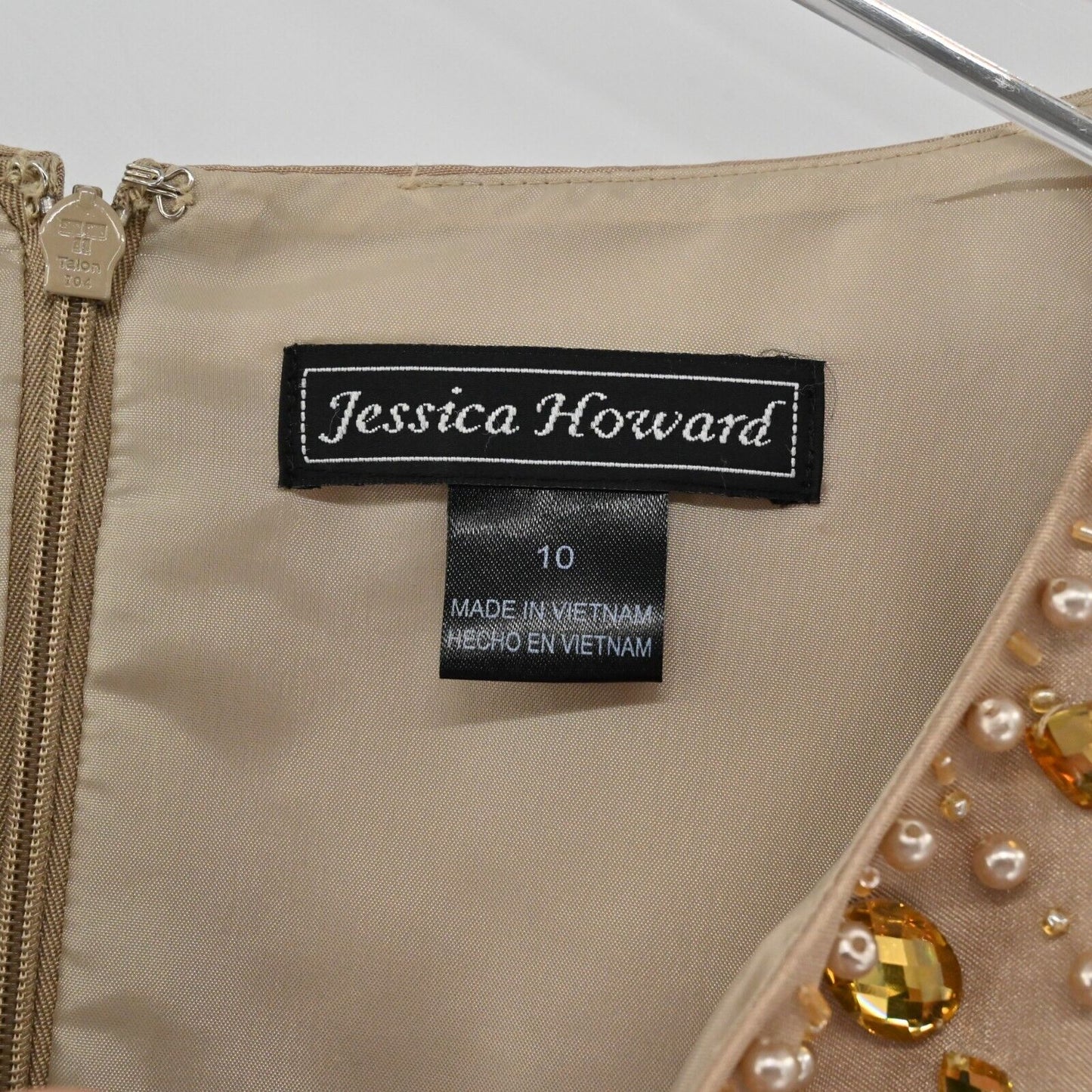 JESSICA HOWARD Dress Womens Sz 10 Champagne Pleated Rhinestone Sleeveless Sheath