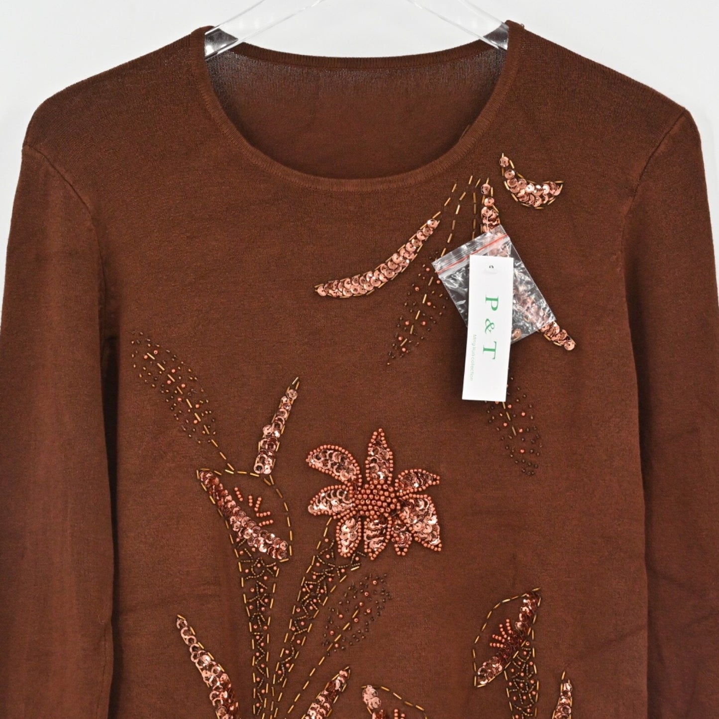 Vtg Y2k Sequin Floral Sweater Womens Size XS Brown Knit Beaded Hippie Dead Stock