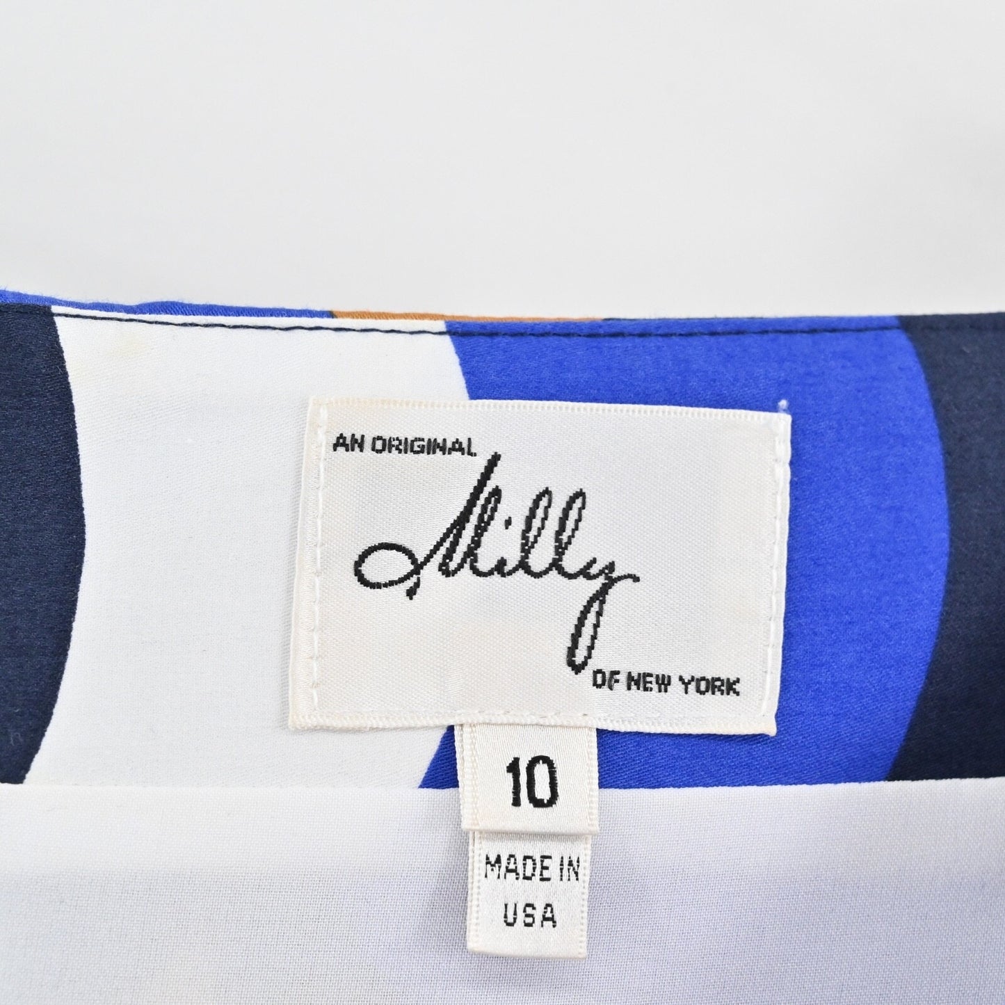 MILLY Mini Sheath Dress Size 10 Blue Geometric Print Cotton Boat Neck Retro USA