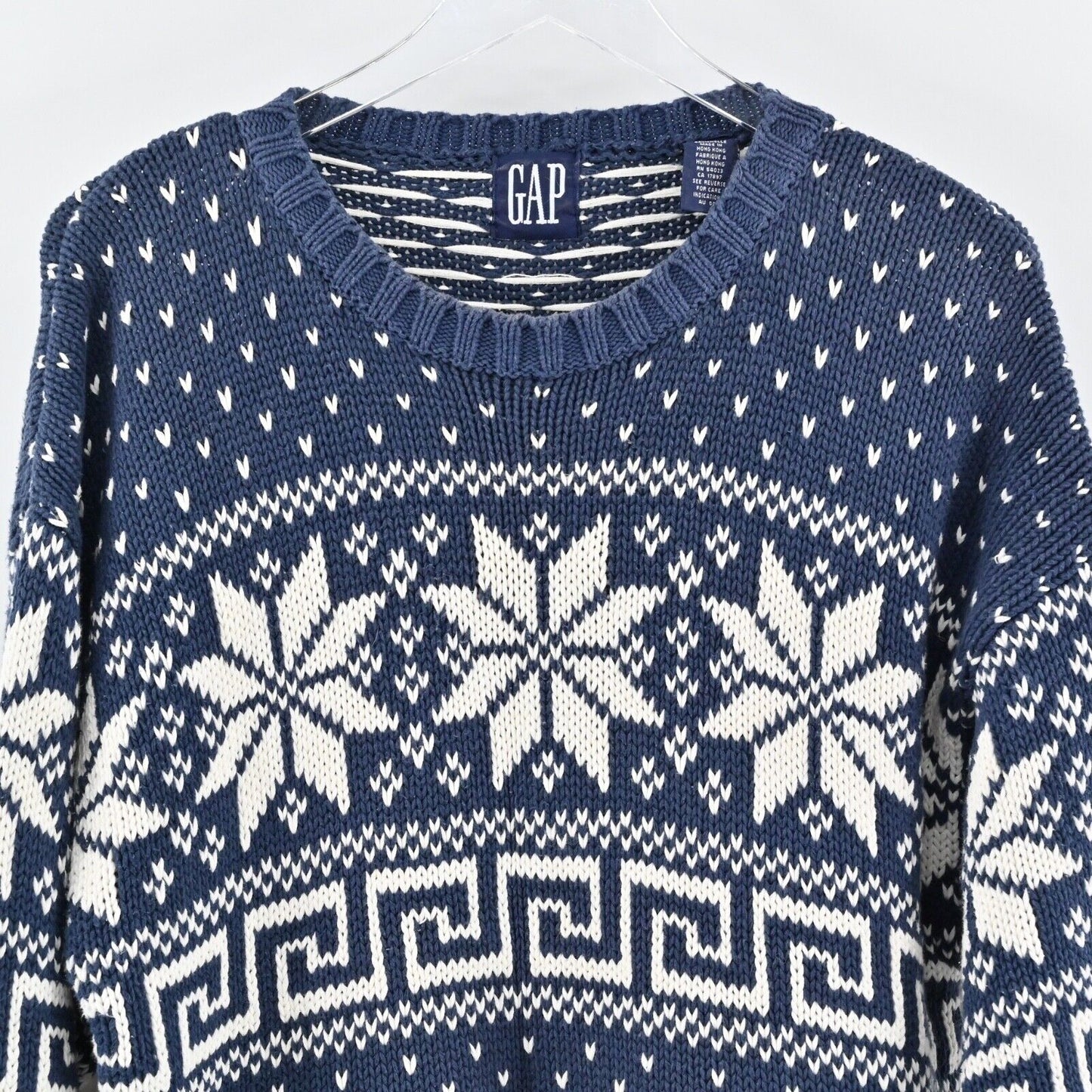 Vtg GAP Sweater Womens Sz L Blue Fair Isle 100% Cotton Chunky Knit Crew Neck 80s
