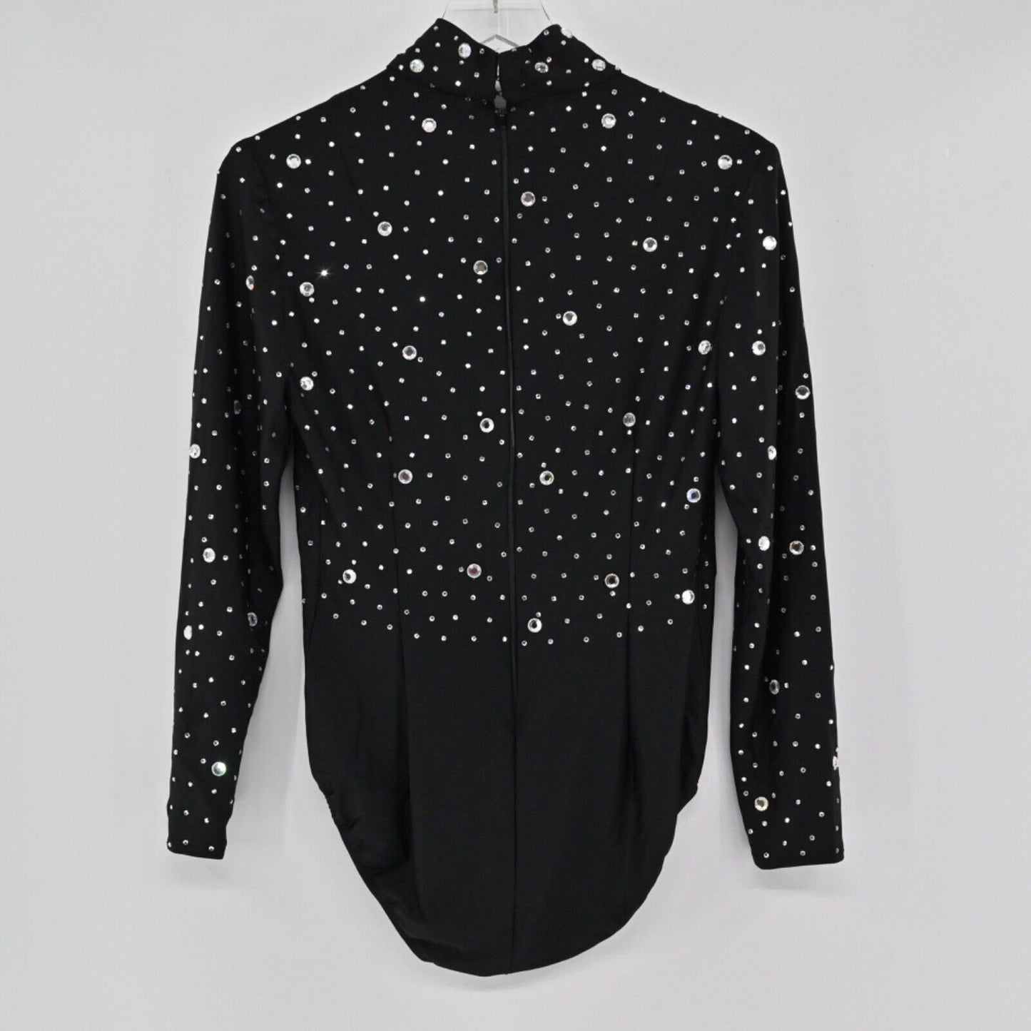 VINTAGE Bodysuit Womens Size 8 Black Rhinestone Mock Neck Long Sleeve Dance Glam