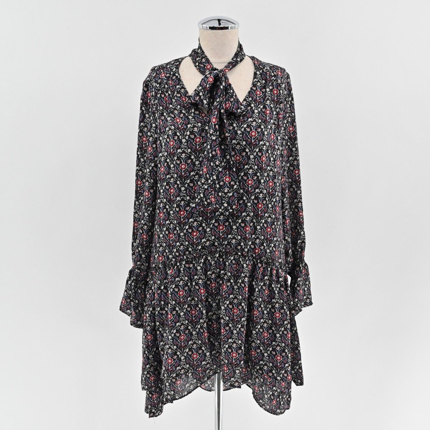 JOIE Dress Sz S Jamira Black Floral Silk Tie Neck Bell Sleeve Ruffle Mini Ditsy