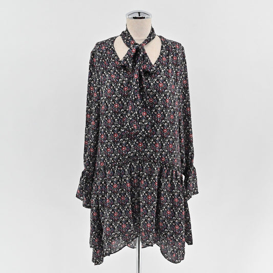 JOIE Dress Sz S Jamira Black Floral Silk Tie Neck Bell Sleeve Ruffle Mini Ditsy