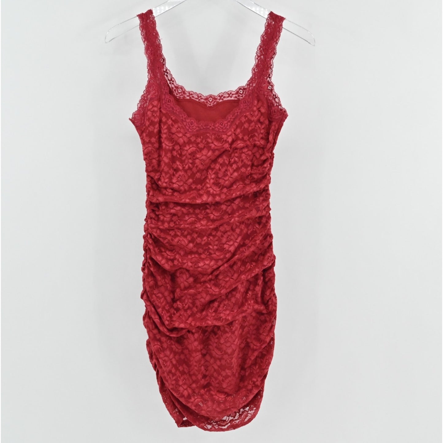 Vtg Y2k Red Lace Mini Dress Size XS Ruched Coquette Elegant Siren Sexy Romantic