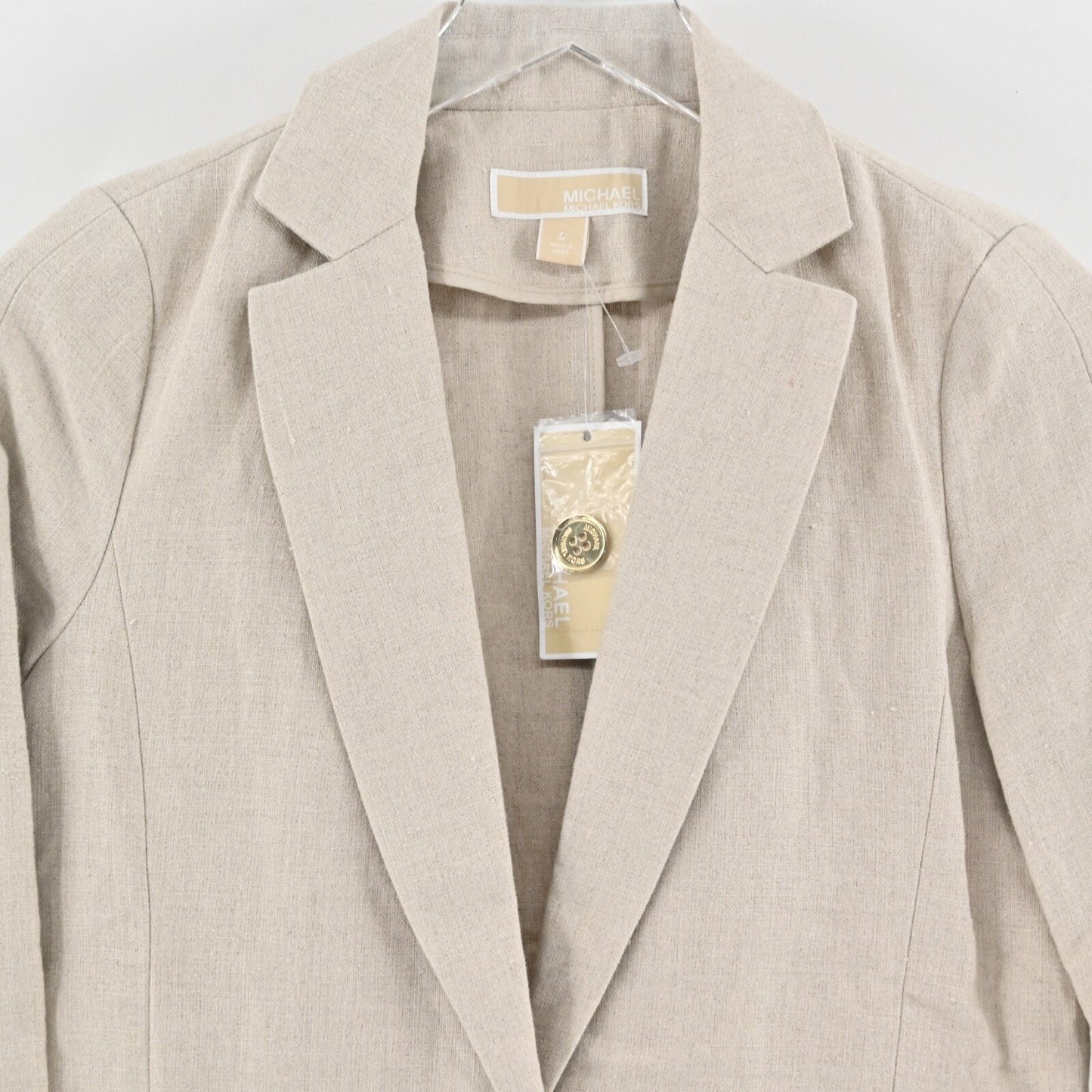 MICHAEL KORS Womens Ruched Linen Blazer Sz 0 Beige 3/4 Sleeve Office Career NEW