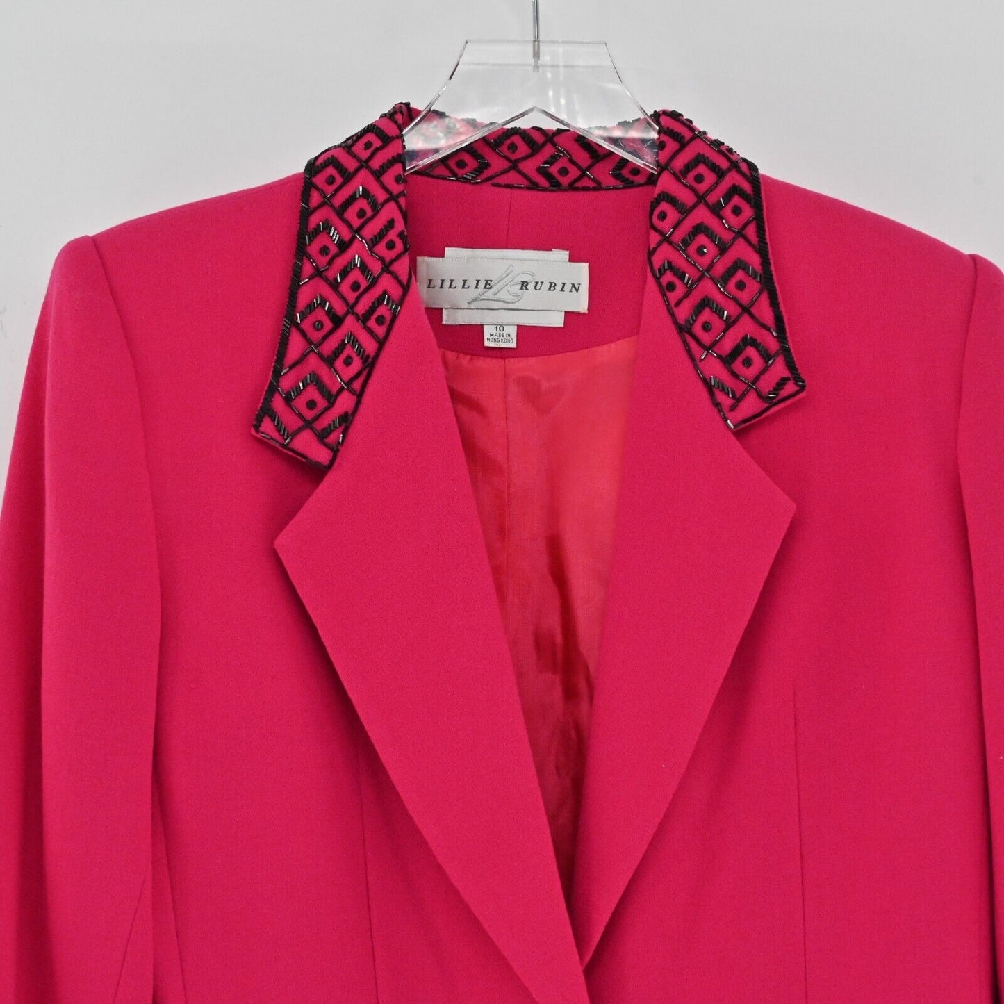 Vtg LILLIE RUBIN Skirt Suit Womens Size 10 Hot Pink Black Beaded 80s