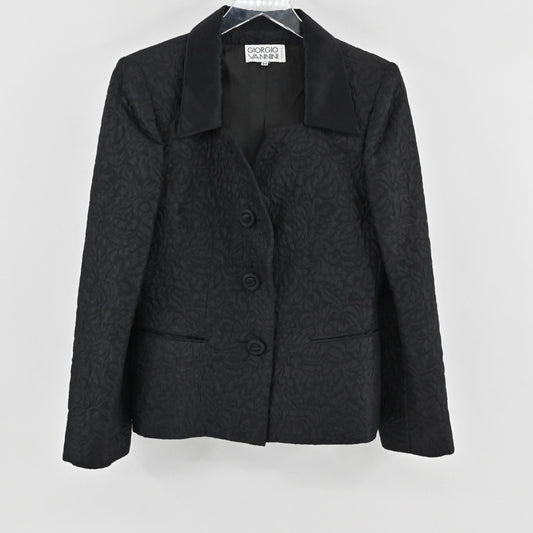 Vtg Giorgio Vannini Womens Jacquard Floral Blazer Size 44 Satin Black Jacket 80s