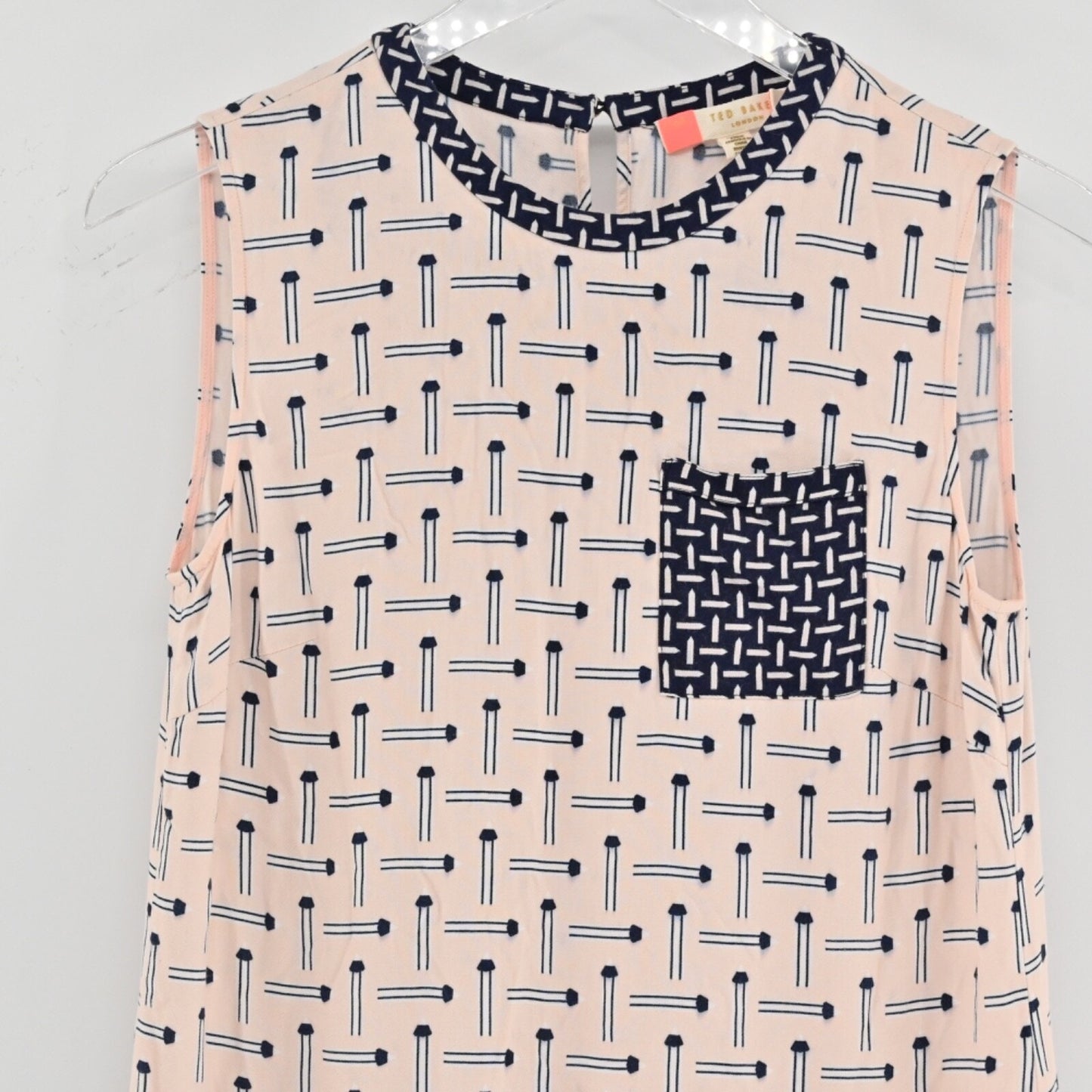 TED BAKER Womens Pencil Print Shift Dress Sz 4 Pink Blue Sleeveless Art Teacher