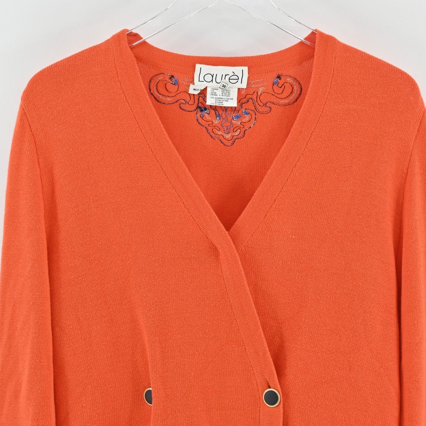 Vtg Laurel by Escada Womens Embroidered Cardigan Size 38 Orange Cotton Halloween