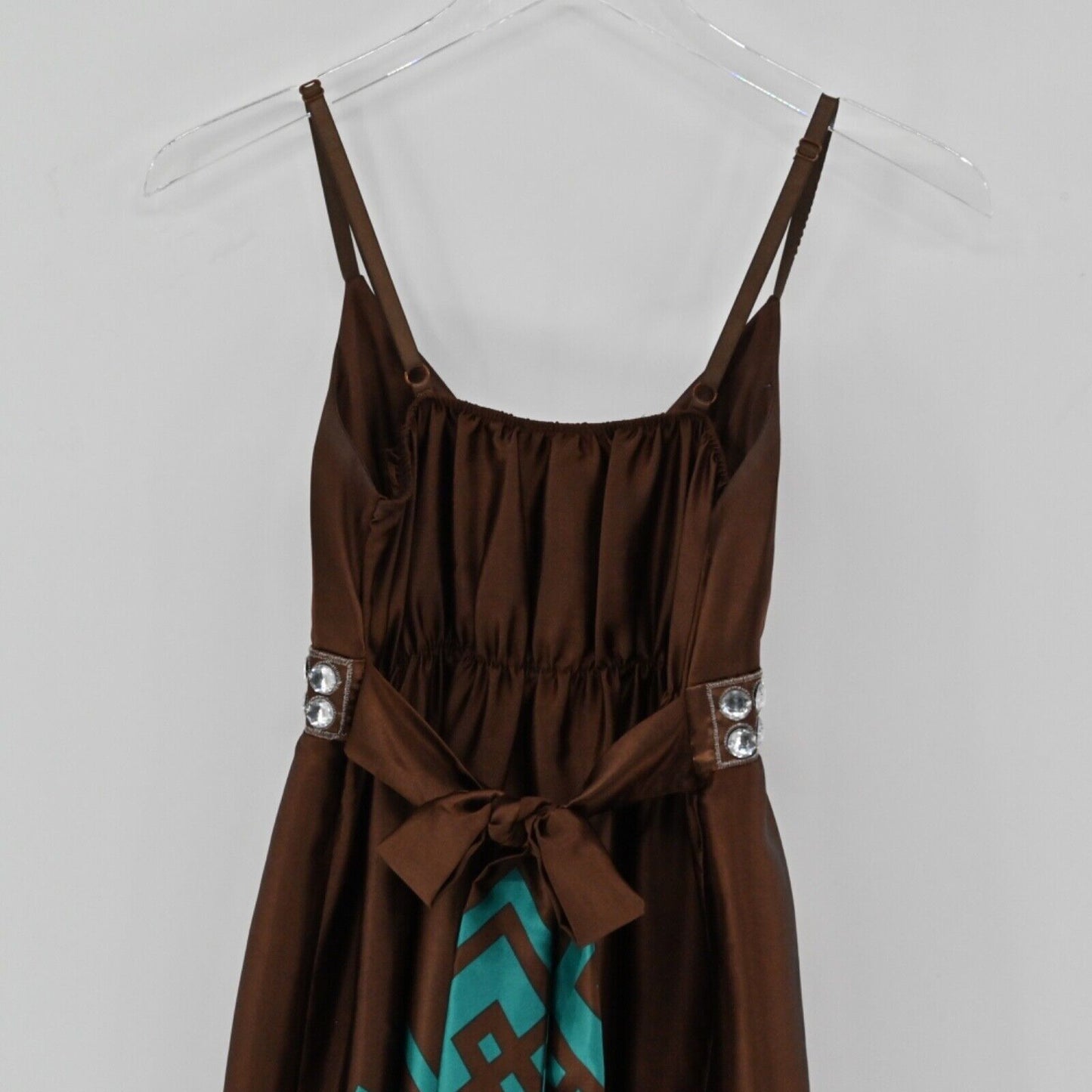 Vtg JANICE Dress Womens Sz S Brown Teal Geometric Satin Jeweled Empire Waist Y2k