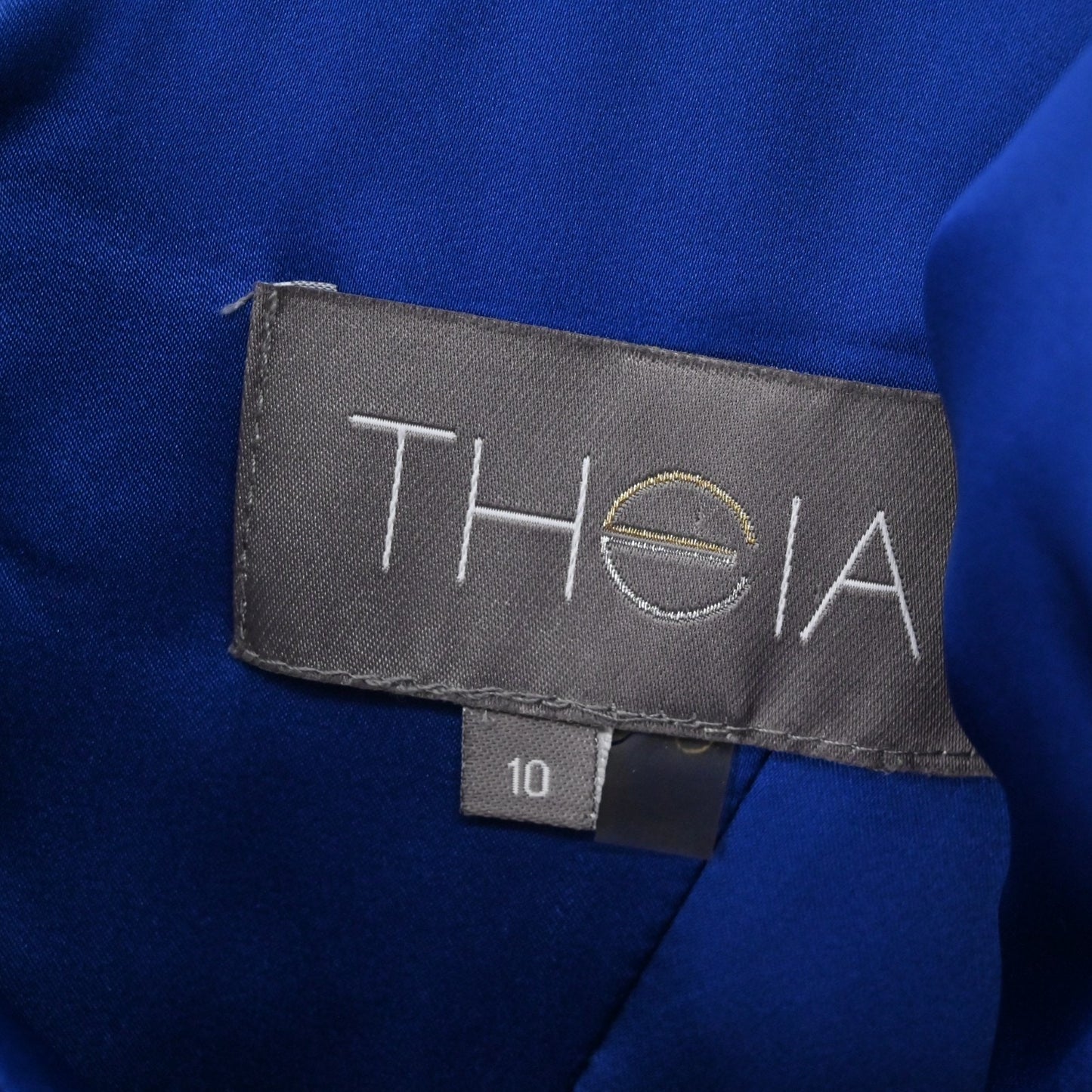 THEIA Blue Cowl Neck Sheath Dress Size 10 Sleeveless Stretch Classic Office