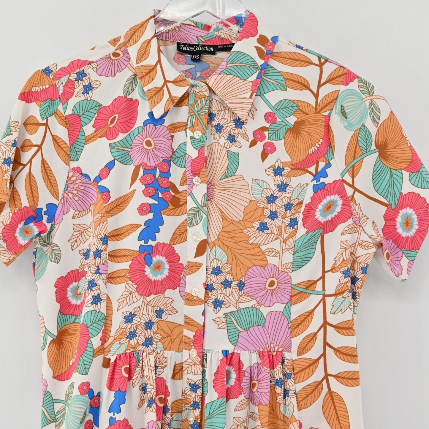 TOLANI Dress Sz XXS Multicolor Floral Print Tiered Button Front Mini Boho Retro