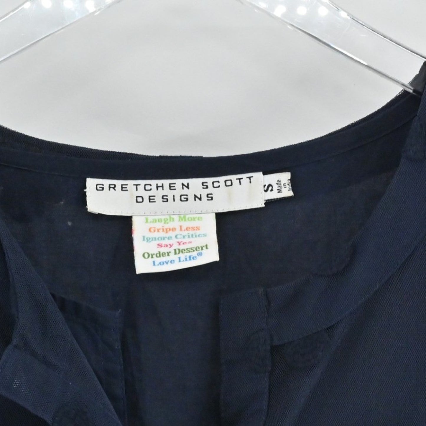 Gretchen Scott Womens Tunic Top Size S Navy Blue Polka Dot Mesh Overlay Delicate
