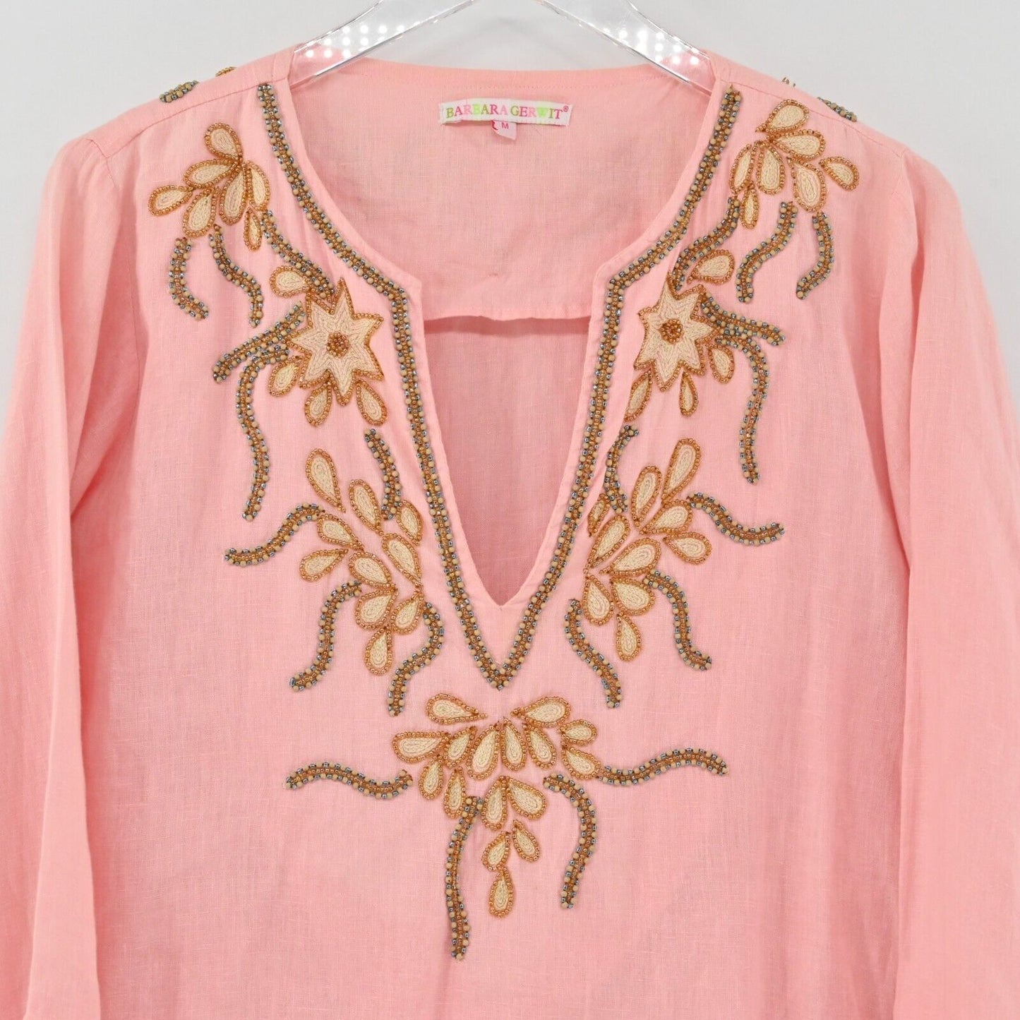 BARBARA GERWIT Top Womens Size M Linen Beaded Detail Pink Tunic Split VNeck