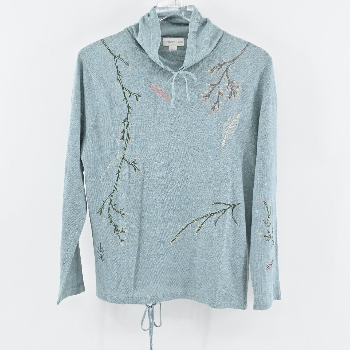 NORTHERN ISLES Sweater Womens Size S Embroidered Linen Teal Ice Funnel Neck NEW