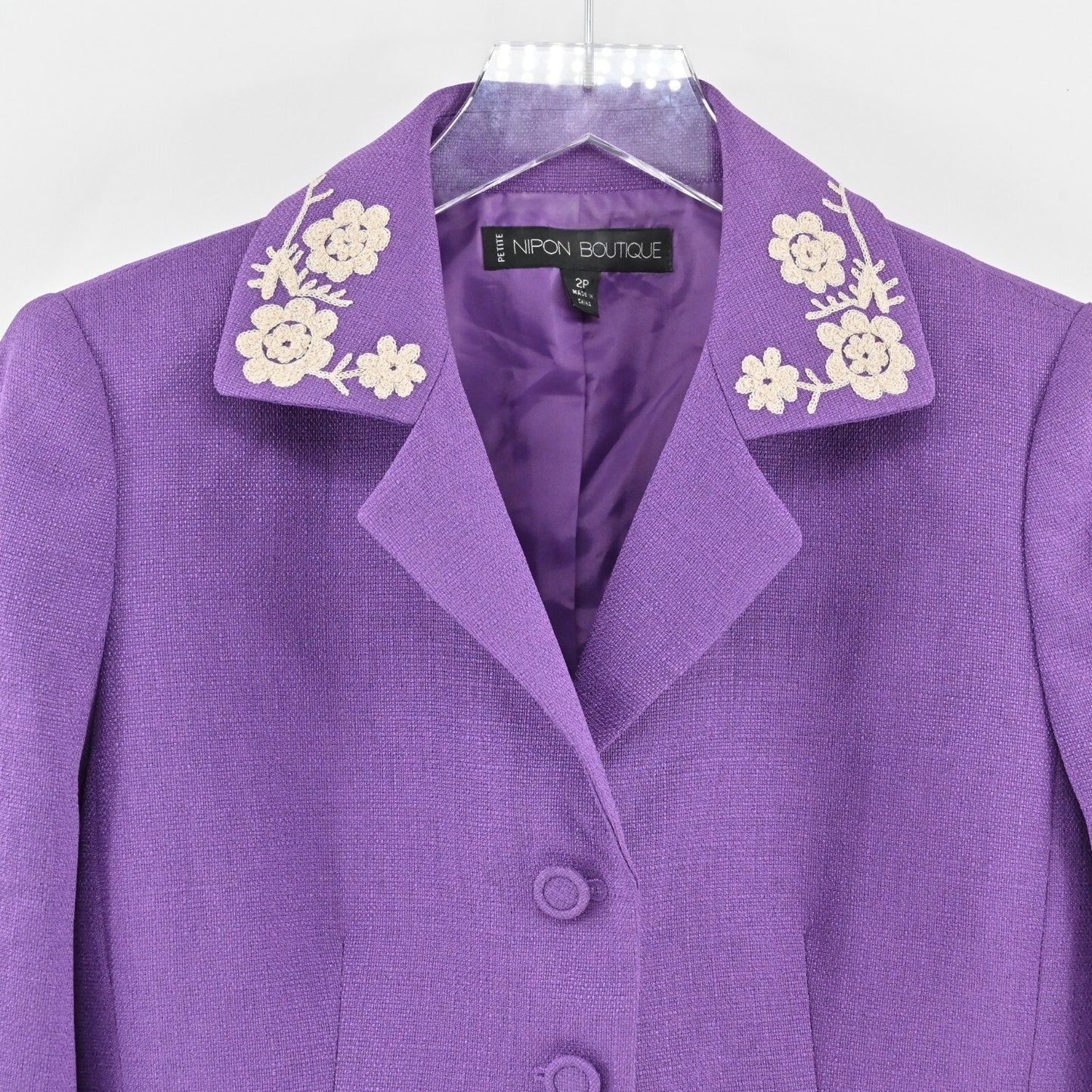 Vtg NIPON BOUTIQUE Skirt Suit Set Sz 2P Purple Floral Embroidered Art Statement