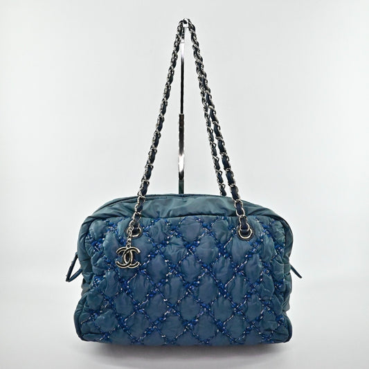 CHANEL Shoulder Bag Byzance Tweed On Stitch Blue Nylon Quilted Chain Strap