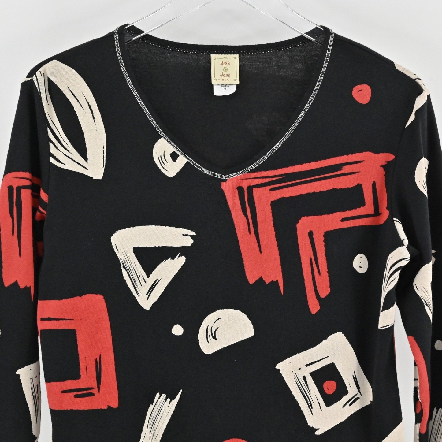 Jess Jane Womens Geo Play Top Size S Petite Art to Wear 3/4 Sleeve Geometric