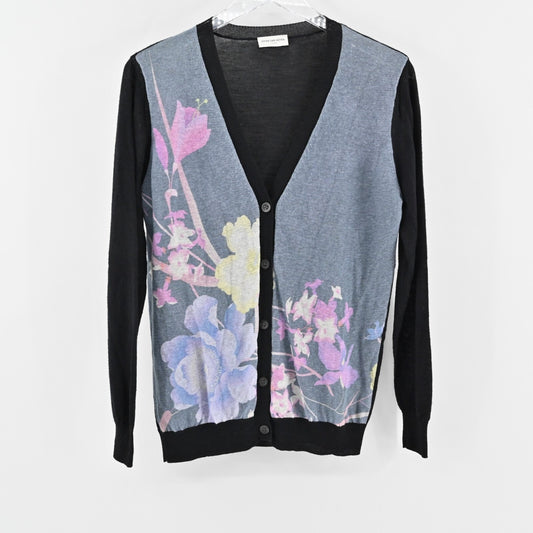DRIES VAN NOTEN Sweater Womens Size S Floral Knit Cardigan Silk Wool Linen Blend